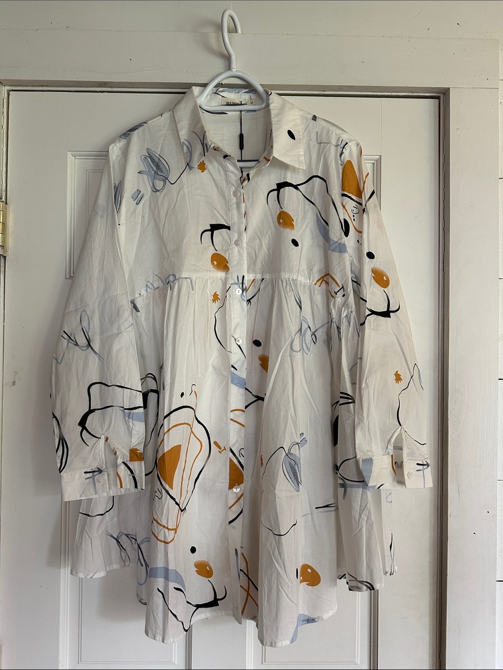 Abstract Print White Button-Up Babydoll Tunic